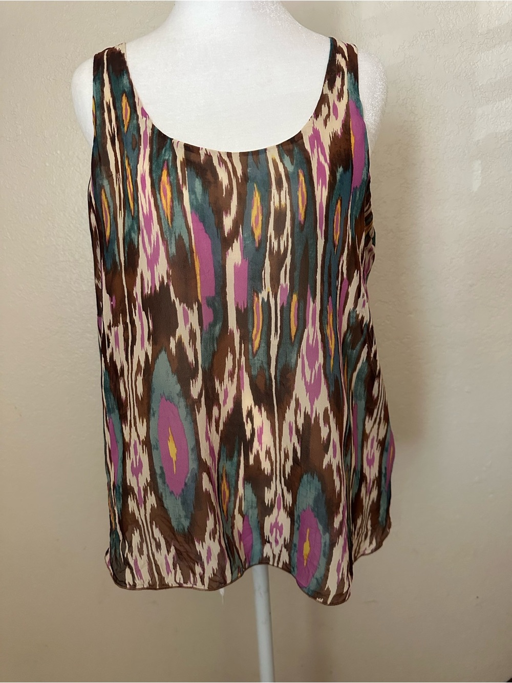 Rory Beca Ikat Print Sleeveless‎ Camisole - Brown, Teal & Purple 100% silk women